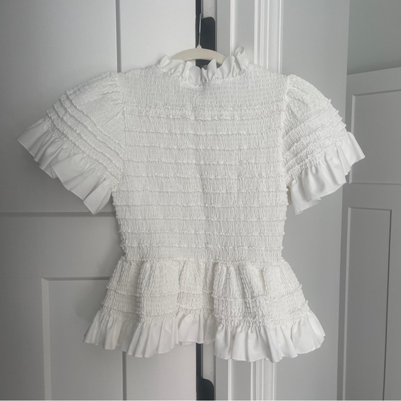 Susan Fang White Ruffled Top Smocked Short Sleeve White Blouse - Picture 5 of 6